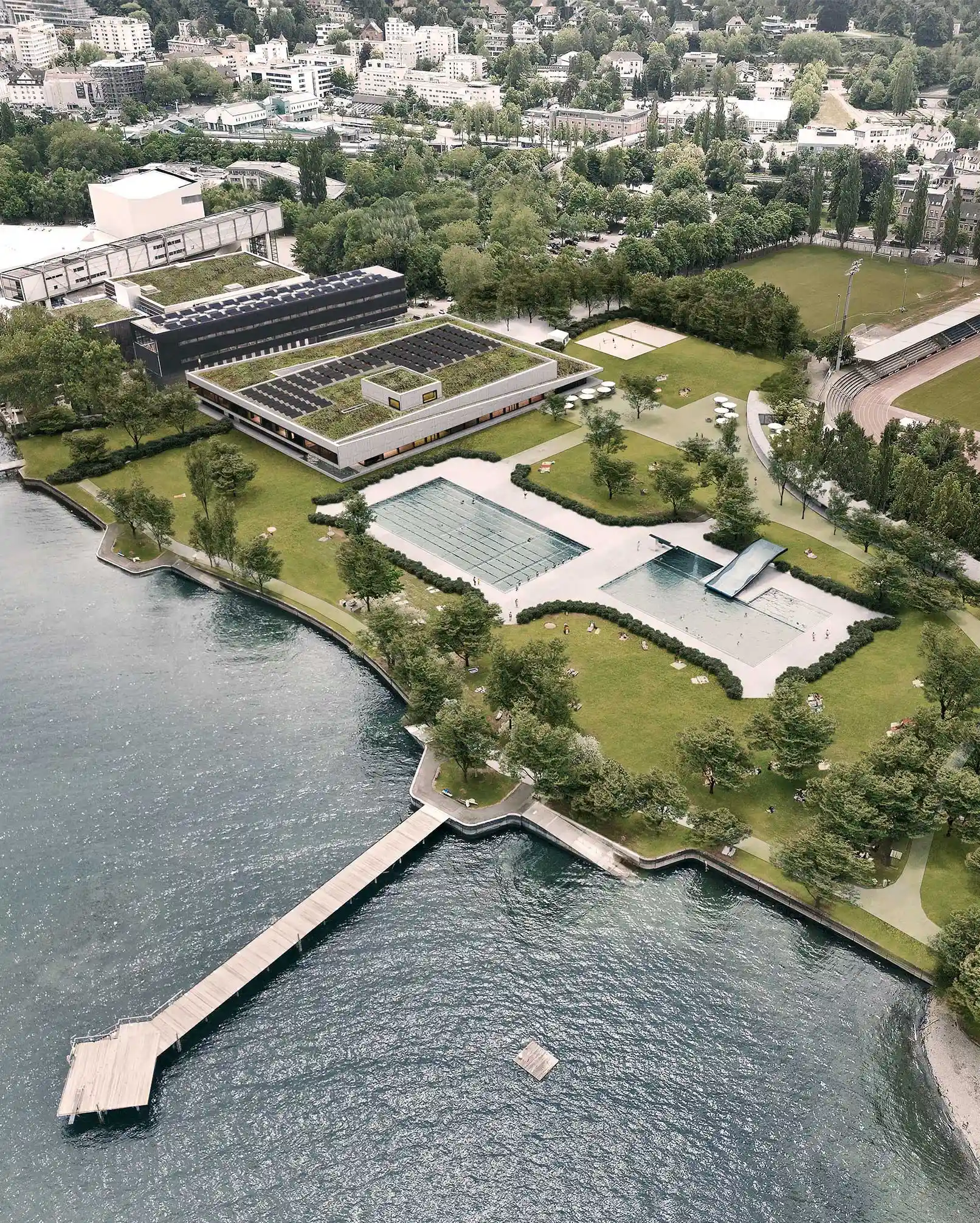 Luftbild des neuen Seebads in Bregenz am Bodensee